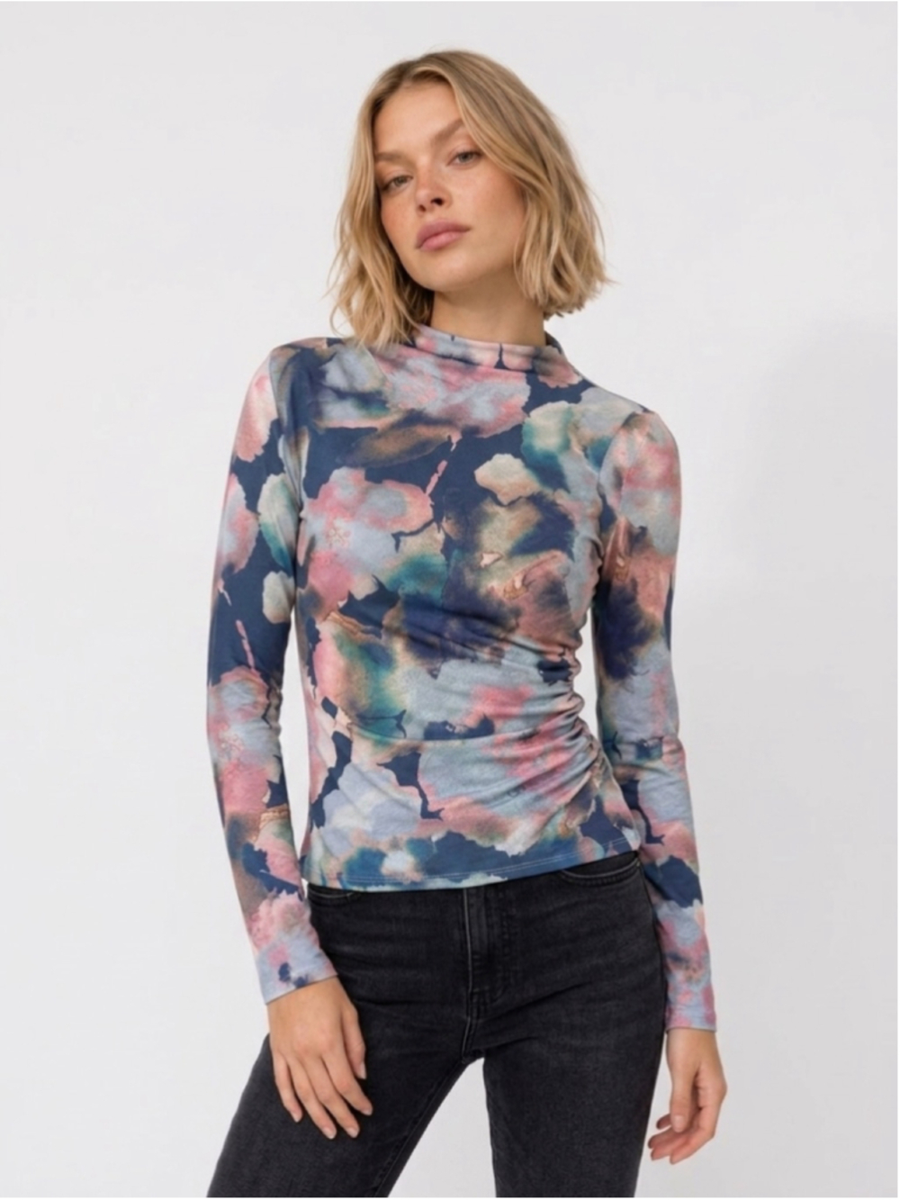Rails Long Sleeve Mock Neck Top Size M Blue Pink Watercolor Print